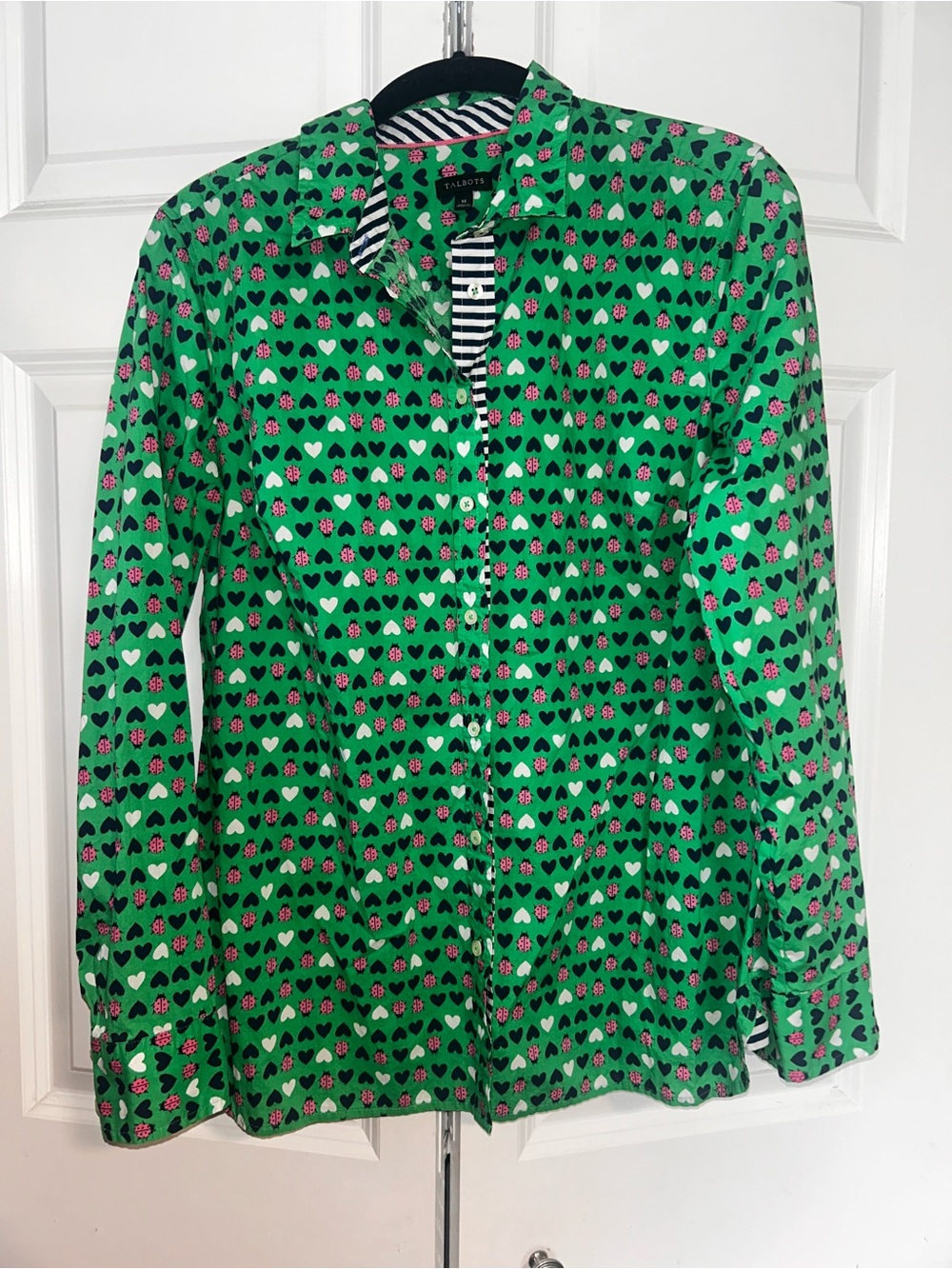Talbots Green Button-Up Shirt with Pink Ladybug & Navy Hearts